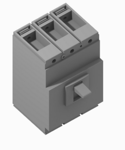 Three-pole miniature circuit breaker module with a single rectangular toggle lever and mounting base beneath.