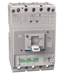 Three-pole ABB molded-case circuit breaker with a large ON/OFF toggle and terminal blocks on top, gray enclosure.