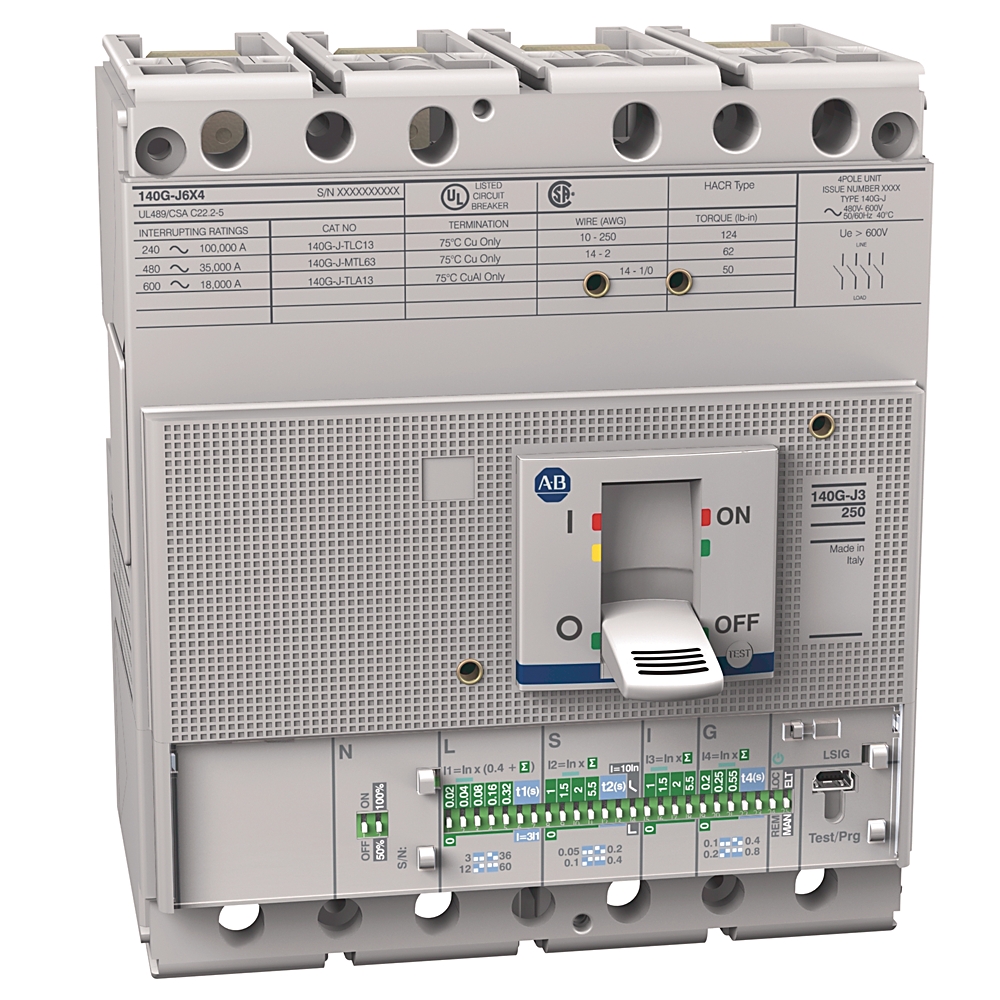 ABB molded‑case circuit breaker with large toggle switch and status indicators on a gray control panel