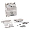 Modular electrical distribution kit with a three-pole circuit breaker and accessory hardware (rails, plates, screws, washers) laid out for installation.