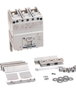 Modular electrical distribution kit with a three-pole circuit breaker and accessory hardware (rails, plates, screws, washers) laid out for installation.