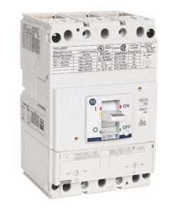 White electrical circuit breaker with a central toggle switch and labeled diagrams on the front panel.