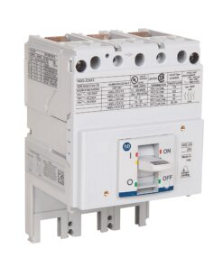 Three-pole circuit breaker module with a white housing and an ON/OFF toggle switch