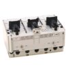 Three-pole electrical breaker/contactor module with adjustable knobs and terminal holes, labeled up to 150A.