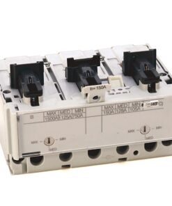 Three-pole electrical breaker/contactor module with adjustable knobs and terminal holes, labeled up to 150A.