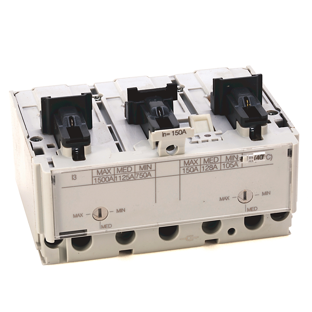 Three-pole electrical breaker/contactor module with adjustable knobs and terminal holes, labeled up to 150A.