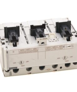 Three-pole electrical contactor module with three black lever contacts and adjustable trip indicators labeled MAX MED MIN on a light gray chassis, viewed from an angle.
