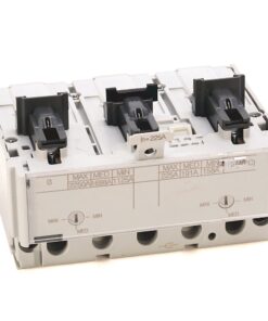 Three-section electrical breaker/contactor with three switch levers and rating labels on the front panel.