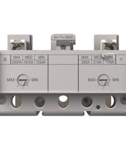Dual miniature circuit breaker module with two adjustable dials labeled MAX–MIN and left/right current ratings (2500A/1875A/1250A vs 250A/213A/175A).