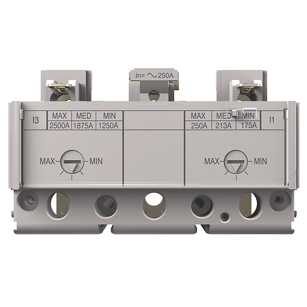 Dual miniature circuit breaker module with two adjustable dials labeled MAX–MIN and left/right current ratings (2500A/1875A/1250A vs 250A/213A/175A).