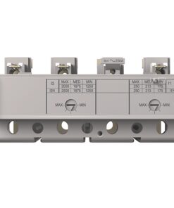 Modular circuit breaker block with two adjustment dials and terminal connectors on top and bottom.