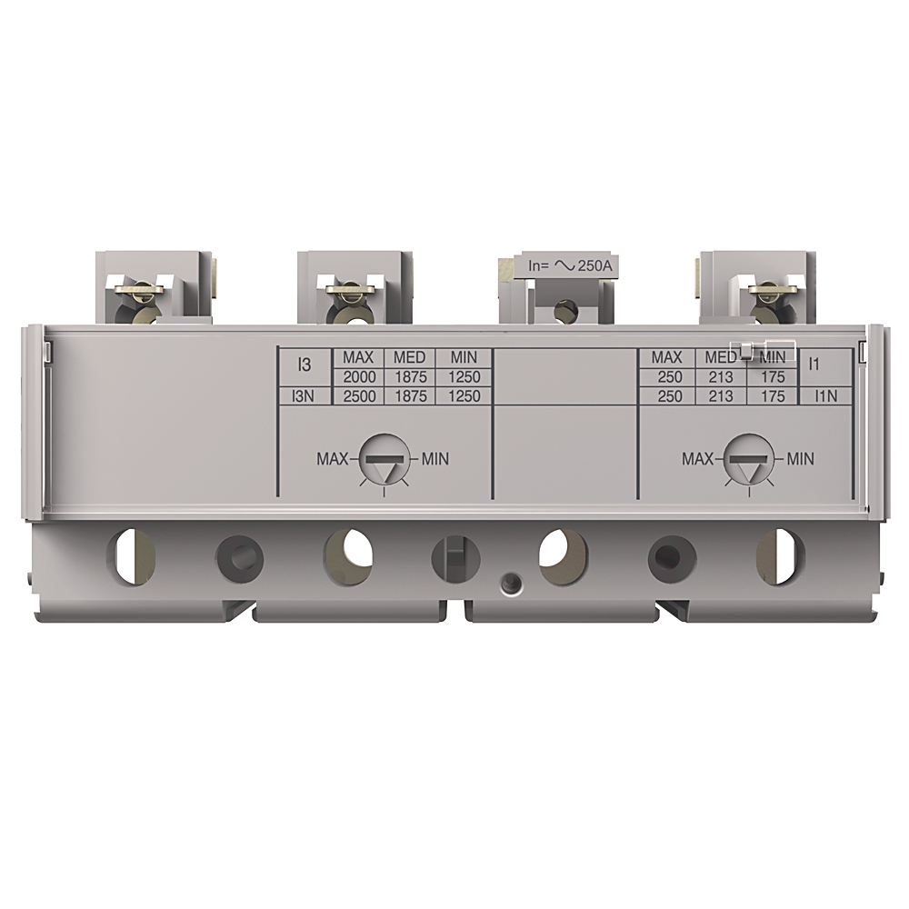 Modular circuit breaker block with two adjustment dials and terminal connectors on top and bottom.
