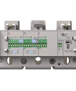 Industrial electrical module with L, S, I terminals and green dip switches for parameter settings on a DIN rail chassis