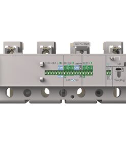 Industrial electrical control module on a DIN rail with green terminal blocks and 'In=~250A' label (front view).