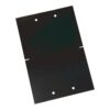 Dark rectangular mounting plate with multiple circular cutouts and several screw holes, viewed at a tilted angle