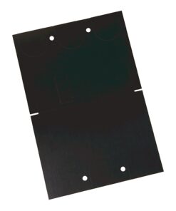 Dark rectangular mounting plate with multiple circular cutouts and several screw holes, viewed at a tilted angle