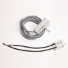 Coiled gray multi-conductor cable with a white plastic connector, plus a separate black two-wire cable ending in two-prong plugs.
