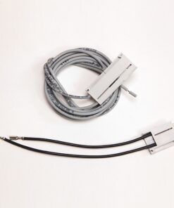 Coiled gray multi-conductor cable with a white plastic connector, plus a separate black two-wire cable ending in two-prong plugs.
