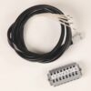 Gray 8-position terminal block with numbered labels 1–8 and a coiled black multi-conductor cable with exposed white wire leads beside it