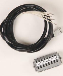 Gray 8-position terminal block with numbered labels 1–8 and a coiled black multi-conductor cable with exposed white wire leads beside it