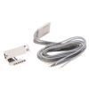 White plastic multi-pin electrical connector block with several wires attached, alongside a long, coiled gray cable with exposed stripped ends for connection.