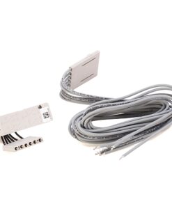 White plastic multi-pin electrical connector block with several wires attached, alongside a long, coiled gray cable with exposed stripped ends for connection.