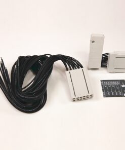 White industrial multi-pin connector kit with a long black cable and plug modules on a white background; includes a small wiring diagram card