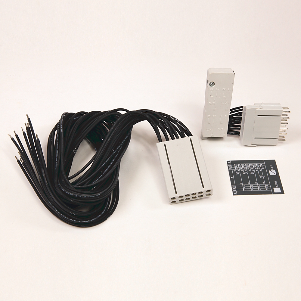 White industrial multi-pin connector kit with a long black cable and plug modules on a white background; includes a small wiring diagram card