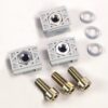 Three gray plastic mounting blocks with metal threaded inserts, arranged with screws and flat washers on a white background.