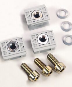 Three gray plastic mounting blocks with metal threaded inserts, arranged with screws and flat washers on a white background.