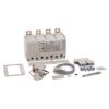 Electrical distribution kit with a four-pole breaker and assorted mounting hardware and cables laid out on a white background.