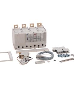 Electrical distribution kit with a four-pole breaker and assorted mounting hardware and cables laid out on a white background.