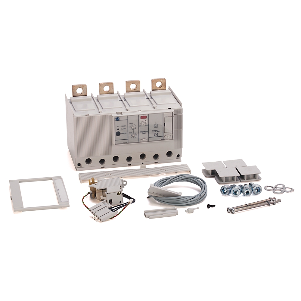 Electrical distribution kit with a four-pole breaker and assorted mounting hardware and cables laid out on a white background.