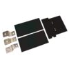 Two black rectangular plastic blocks with metal mounting tabs and separate metal lug connectors on a white background, part of a connector kit