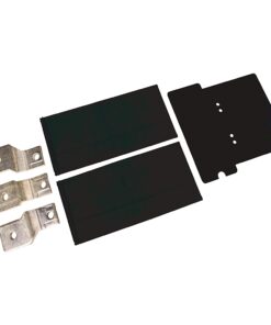 Two black rectangular plastic blocks with metal mounting tabs and separate metal lug connectors on a white background, part of a connector kit