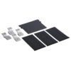 Hardware mounting kit with three black panels, a gray metal plate, and four small metal brackets for assembly.
