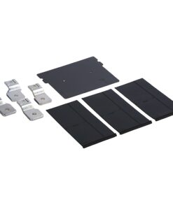 Hardware mounting kit with three black panels, a gray metal plate, and four small metal brackets for assembly.