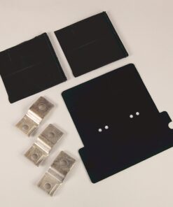 Assorted electronic components: two rectangular black plastic pieces, a larger black mounting plate with holes, and four silver metal contact strips with holes.