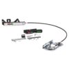 Automotive installation kit featuring a long black cable connected to a silver control unit and a metal mounting plate with assorted hardware laid out.