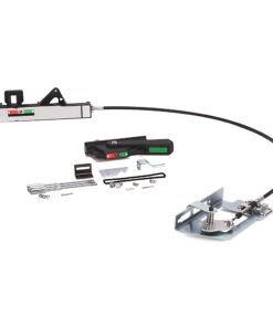 Automotive installation kit featuring a long black cable connected to a silver control unit and a metal mounting plate with assorted hardware laid out.