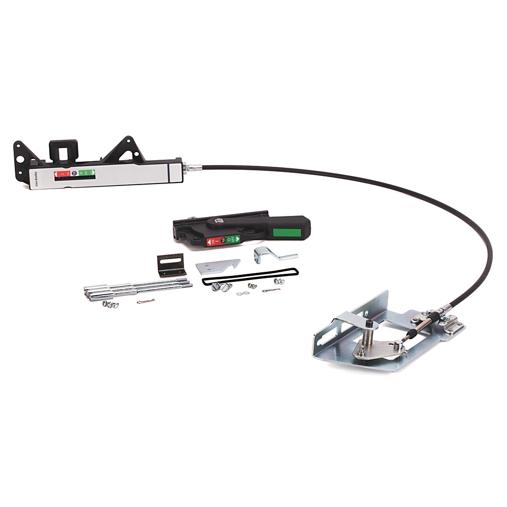 Automotive installation kit featuring a long black cable connected to a silver control unit and a metal mounting plate with assorted hardware laid out.