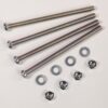 Assorted hardware: four long bolts with washers and nuts on a white surface