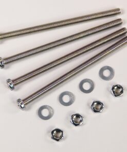 Assorted hardware: four long bolts with washers and nuts on a white surface