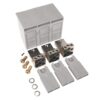 Modular electrical terminal block kit with grey enclosure, three metal blocks, covers, screws, and washers.