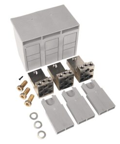 Modular electrical terminal block kit with grey enclosure, three metal blocks, covers, screws, and washers.