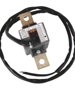 Inline electrical circuit breaker with two black leads and mounting strap