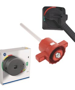 Group of electrical control components: a wall-mounted rotary switch, a red lockout device, and a white panel switch/control unit.