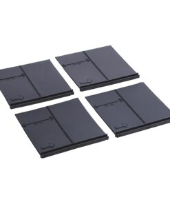 Four dark gray square interlocking floor tiles with edge grooves and assembly arrows on each tile.