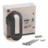 Electrical disconnect switch with a large gray handle and ON/OFF indicators, plus mounting screws and plate pieces.