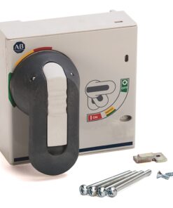 Electrical disconnect switch with a large gray handle and ON/OFF indicators, plus mounting screws and plate pieces.